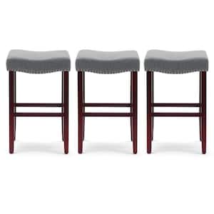 Jameson 29 in. Bar Height Cherry Wood Finish Backless Nail Head Trim Barstool with Gray Linen Saddle Seat (Set of 3)
