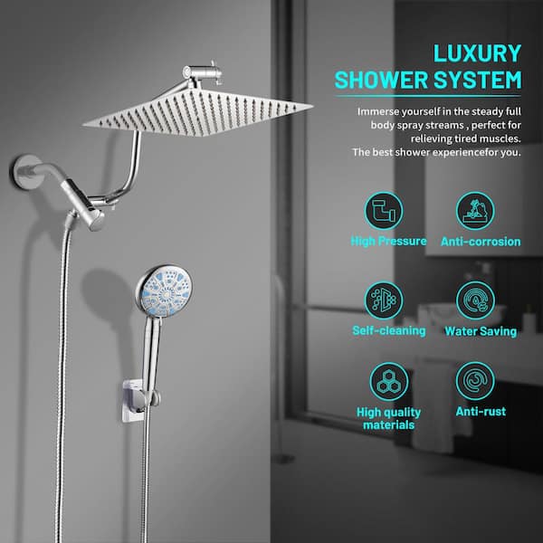 Rainfull 2-in-1 9-Spray Pattern Adjustable Wall Mount Shower Head with Filter 2.5 GPM and Handheld Shower Head in Chrome