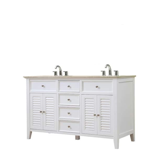 Direct vanity sink Shutter 60 in. Vanity in White with Marble Vanity Top in Beige with White Basins