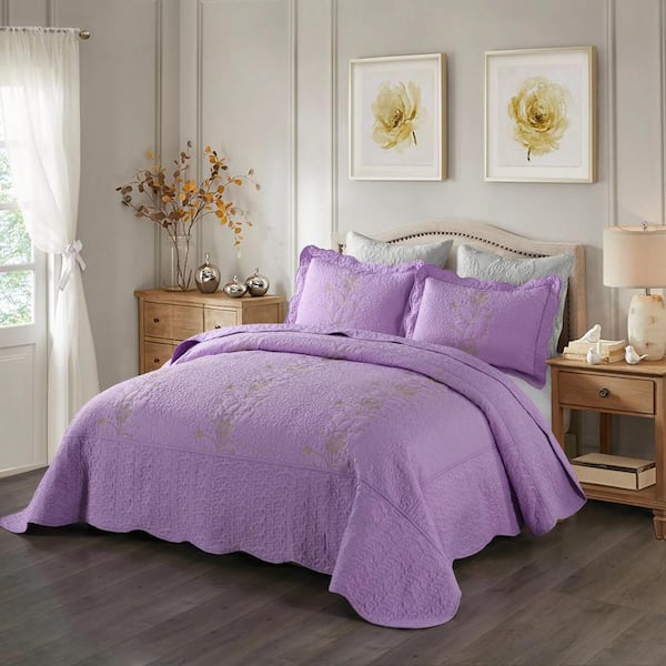 MarCielo Lapaz Lavender Purple Embroidery Flower King Polyester Quilt Bedspread Set