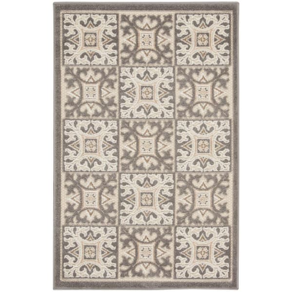 Nourison Aloha Ivory Grey doormat 3 ft. x 4 ft. Geometric Boho Moroccan Indoor/Outdoor Bathroom Area Rug
