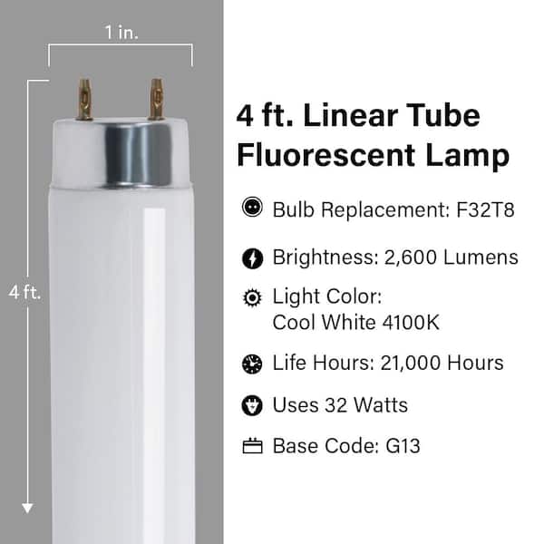 32-Watt 4 ft. T8 G13 Linear Fluorescent Tube Light Bulb, Cool White 4100K (10-Pack)
