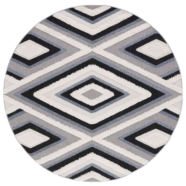 Cottage Ivory/Black 7 ft. x 7 ft. High-Low Diamond Geometric Indoor/Outdoor Round Area Rug