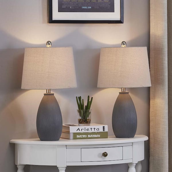 22 in. Gray Vintage Dimmable Ceramic Bedroom Living Room Bedside Desk Nightstand Table Lamps (Set of 2)