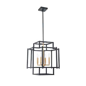 Cubuu 4-Light Modern Farmhouse Black and Aged Brass Cage Lantern, Candle Lantern, Rectangle, Square Chandelier