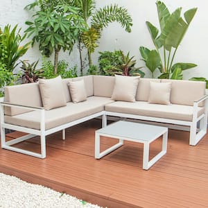Chelsea White 3-Piece Aluminum Outdoor Patio Sectional Seating Set Adjustable Headrest & Table With Beige Cushions
