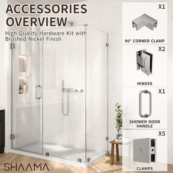 28-32 in. W Corner Shower Door Hardware kit in Brushed Nickel Includes Corner Clamp, 2 Hinges, 5 Clamps, Handle(1-Pair)