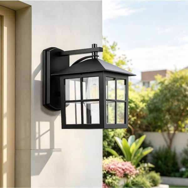 12.5 in. Black Grid Classic Lantern Outdoor Wall Sconce Clear Glass, Bulb Included