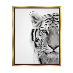 White Tiger Close Up Black and White Photography by Design Fabrikken Floater Frame Animal Wall Art Print 31 in. x 25 in.