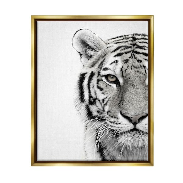 White Tiger Close Up Black and White Photography by Design Fabrikken Floater Frame Animal Wall Art Print 31 in. x 25 in.