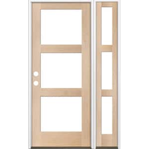 46 in. x 96 in. Modern Hemlock Right-Hand/Inswing 3-Lite Clear Glass Unfinished Wood Prehung Front Door with Sidelite