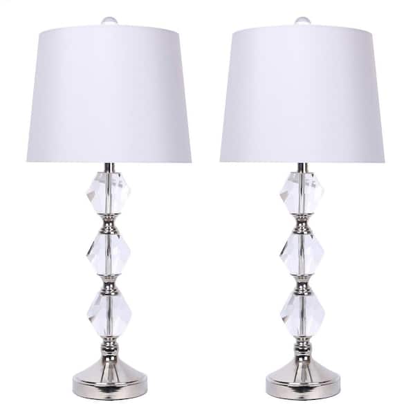 GRANDVIEW GALLERY 29.5 in. Crystal Table Lamp with Polished Nickel Accents and Light Grey Silk-Like Shade (2-Pack)
