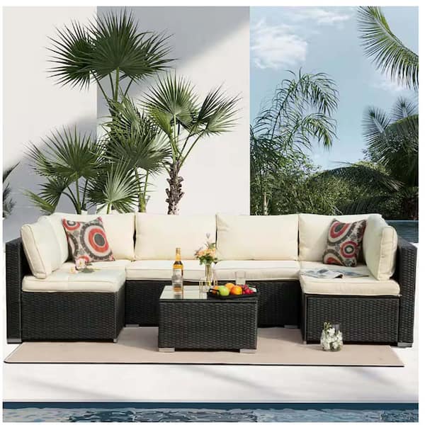 7-Piece Black Wicker Outdoor Sectional Set with Beige Cushions and Coffee Table for Patio Backyard