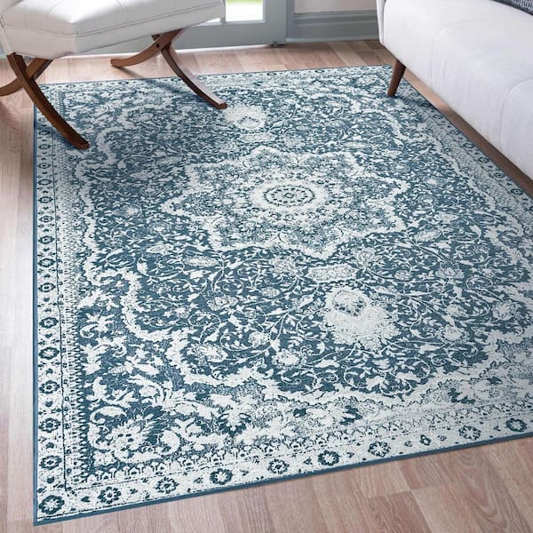 Parviz Blue Indoor Machine Washable 5 ft. x 7 ft. Living Room Entrance Hallway Bedroom Den Kitchen Dining Room Area Rug