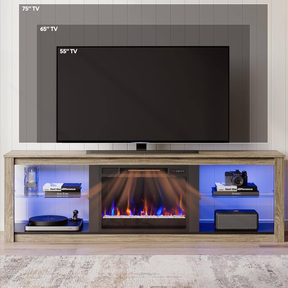 Wash Grey Electric Fireplace TV Stand with LED Lights for 75" TV
