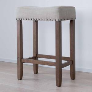 Hylie 24 in. Beige Fabric Cushion Light Brown Finish Nailhead Wood Pub-Height Counter Bar Stool