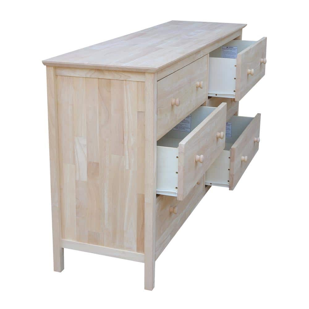Coastal Unfinished Solid Wood 6-Drawer Dresser in Brown
