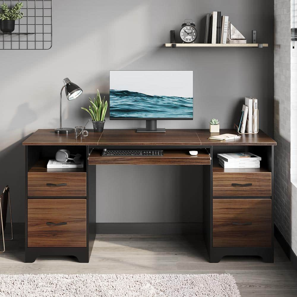 Bestier 59 in. Rectangular Cherry 4-Drawers Computer Executive Desk ...