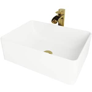 Matte Stone Amaryllis Composite Rectangular Vessel Bathroom Sink in White with Faucet and Pop-Up Drain in Matte Gold