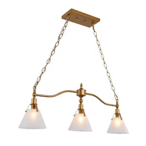 Vintage 3-Light Brushed Gold Linear Bell Chandelier with White Frosted Glass Shade and No Bulb Included