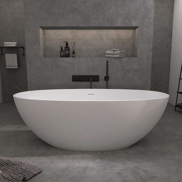 Dul 65 in. x 29.5 in. Solid Surface Stone Resin Flatbottom Freestanding Soaking Bathtub with Center Drain in Matte White