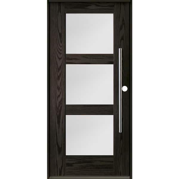 Krosswood Doors Modern Faux Pivot 36 in. x 80 in. 3-Lite Left-Hand/Inswing Satin Glass Baby Grand Stain Fiberglass Prehung Front Door