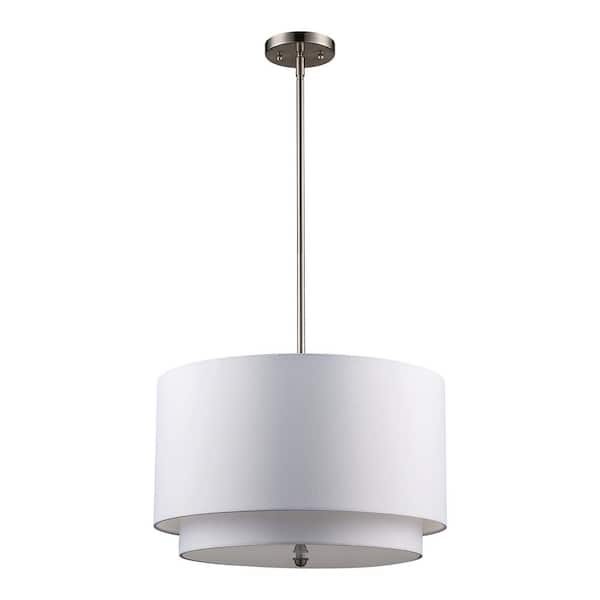 Bel Air Lighting Schiffer 18 in. 3-Light Brushed Nickel Pendant Light Fixture with Ivory Drum Shade