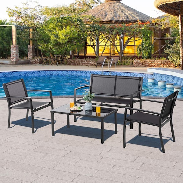 Black Modern Metal Outdoor Furniture Conversation Set without Cushions (Set of 4)