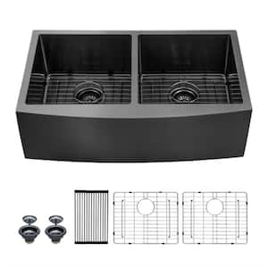 Gunmetal Black 16 Gauge Stainless Steel 33 inch Double Bowl Undermount Kitchen Sink with Faucet