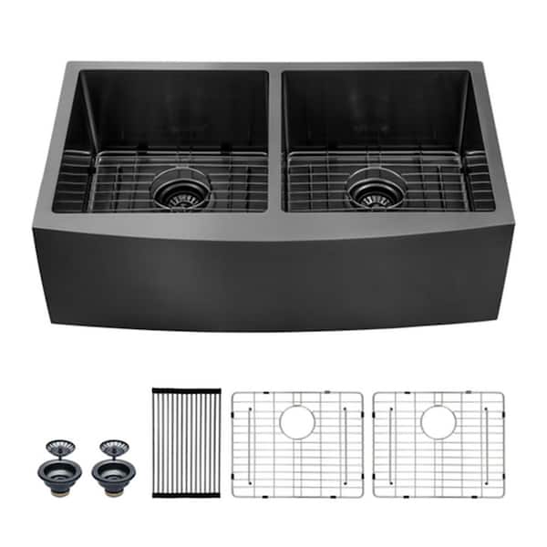 Unbranded Gunmetal Black 16 Gauge Stainless Steel 33 inch Double Bowl Undermount Kitchen Sink with Faucet