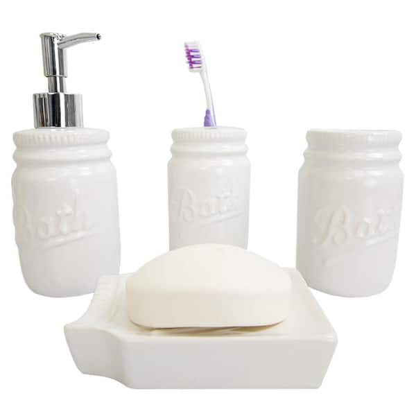 Home Basics Dolomite Mason Jar 4-Piece Bath Accessory Set in White