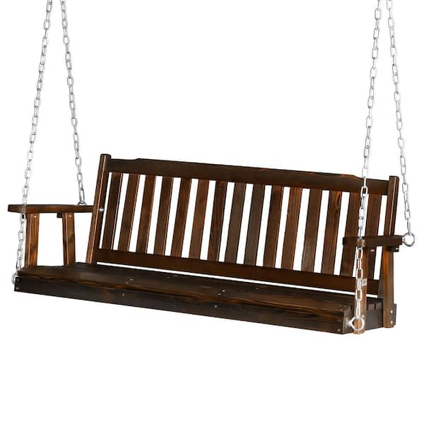 2-Person Tan Wood Porch Swing with Chains