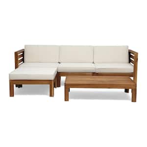 Cambridge Teak Brown 5-Piece Wood Patio Conversation Sectional Seating Set with Beige Cushions