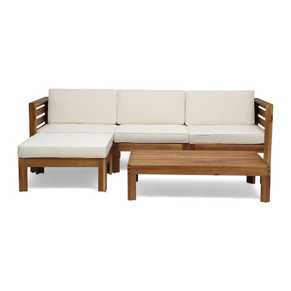 Cambridge Teak Brown 5-Piece Wood Outdoor Patio Conversation Sectional Seating Set with Beige Cushions