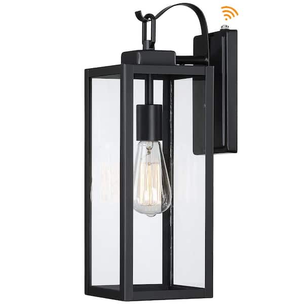 Pia Ricco 1-Light Matte Black Dusk to Dawn Sensor Hardwired Outdoor Lantern Wall Sconce, Exterior Wall Fixture