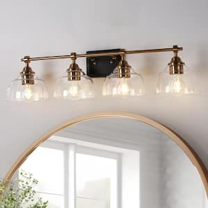Modern 4-Light Black and Plated Brass Vanity Light Damp Wall Light with Bell-Shaped Clear Glass Shades for Bathroom