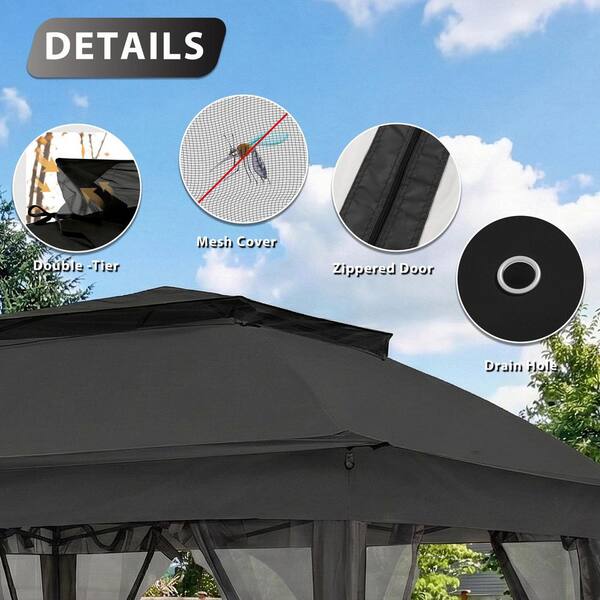 Gardenbee Black Steel Portable Pop-Up Gazebo with Mosquito Netting