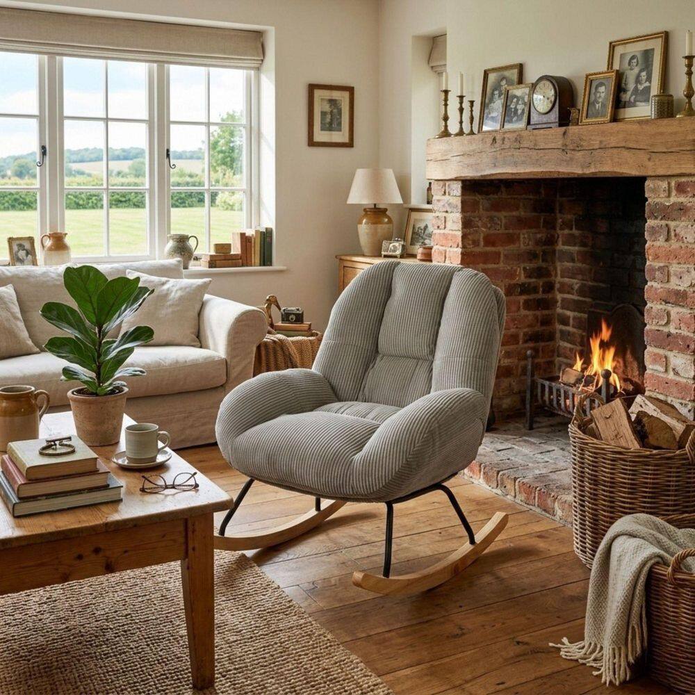 LITH Sage Gray Corduroy Upholstered Rocking Accent Arm Chair, Ergonomic High Back Rocking with Rubber Wood Base price history on PriceWatchPro