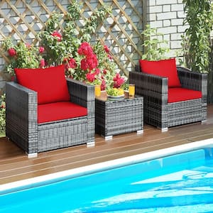 3-Piece Wicker Outdoor Sectional Sofa Conversation Set with Red Cushions
