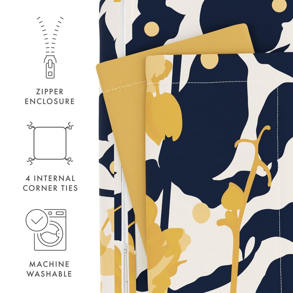 Yellow and Navy Floral Reversible Twin Duvet Cover Set