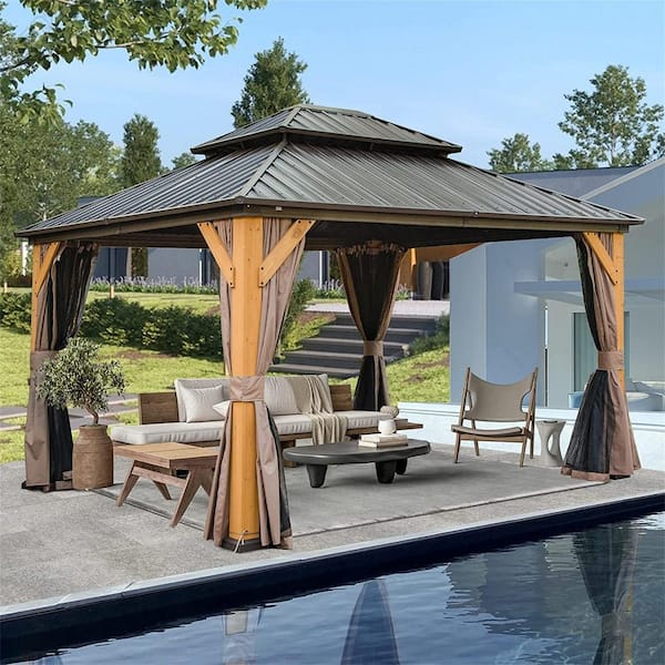 12 ft. x 14 ft. Outdoor Cedar Wood Frame Hardtop Gazebo with Galvanized Steel Double Roof, Curtains and Netting