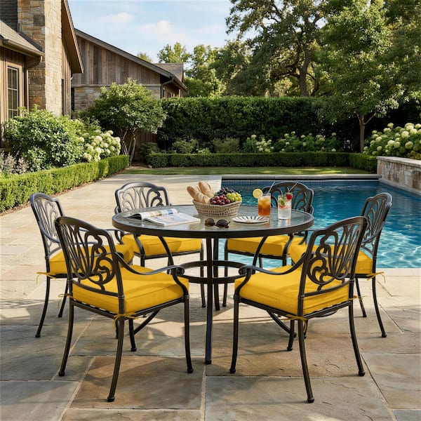 24 x 24 x 5 in. (6-Pack) Outdoor Waterproof Patio Furniture Replacement Seat Cushions with Ties and Handle, Yellow