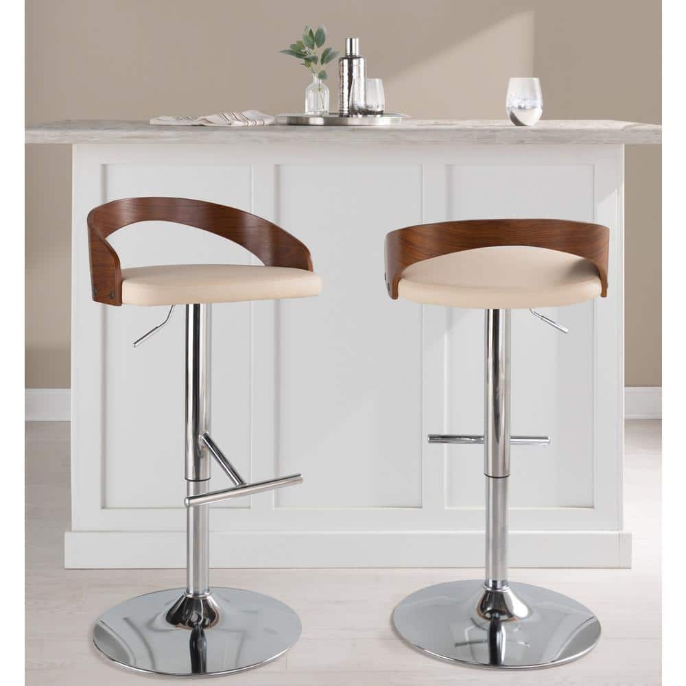 Walnut and Chrome Adjustable Swivel Barstools with Beige Upholstery