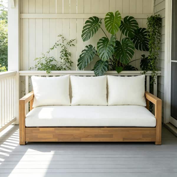 Light Teak Outdoor Patio Wood 3-seater Low Seating Sofa with Beige Cushions