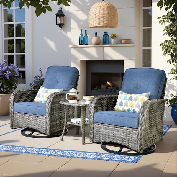 Gray 3-Piece Wicker Outdoor Rocking Chair with Denim Blue Cushions and Side Table, Swivel Base for Patio, Porch, Garden
