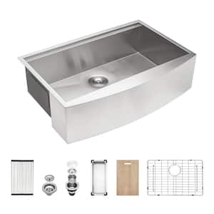 33 in. Farmhouse/Apron-Front Sibgle Bowl 18-Gauge Brushed Nickel Stainless Steel Kitchen Sink with Drying Rack