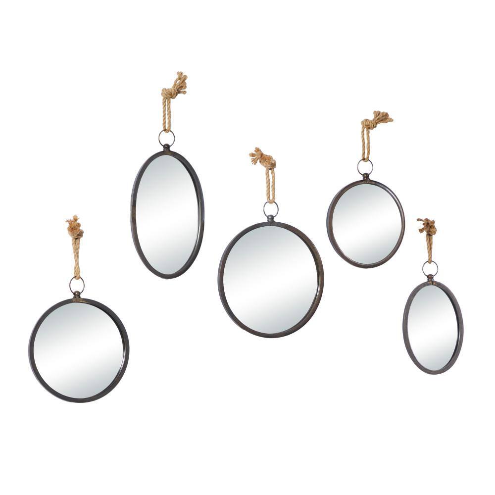 Gray Metal Round and Oval Wall Mirrors with Rope Hangers, Set of 5