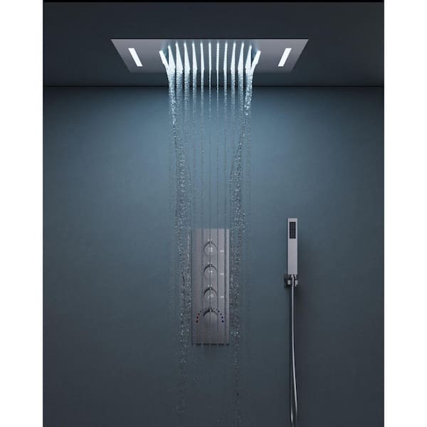 YAWWALK LED Mood Lighting 7-Spray 23 x 15 in. Ceiling Mount Dual and Handheld Shower 2.5 GPM in Brushed Nickel(Valve Included)