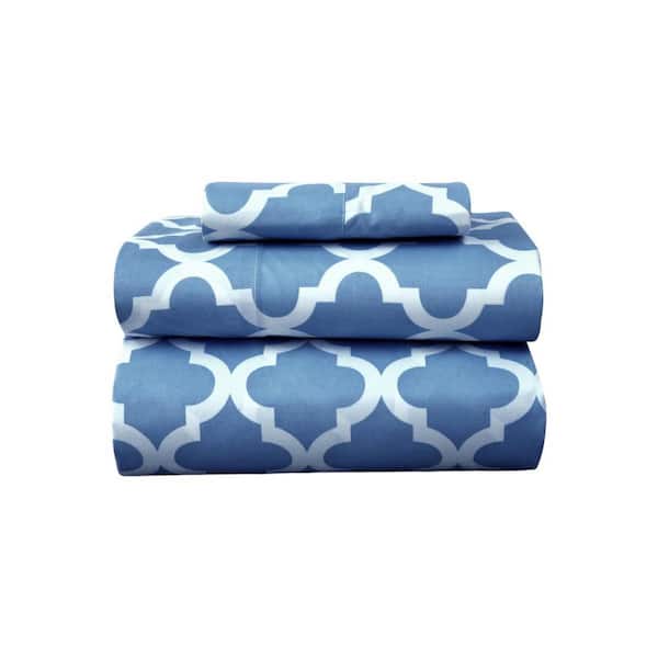 HomeRoots 3-Piece Blue and White Novelty Microfiber Twin XL Sheet Set