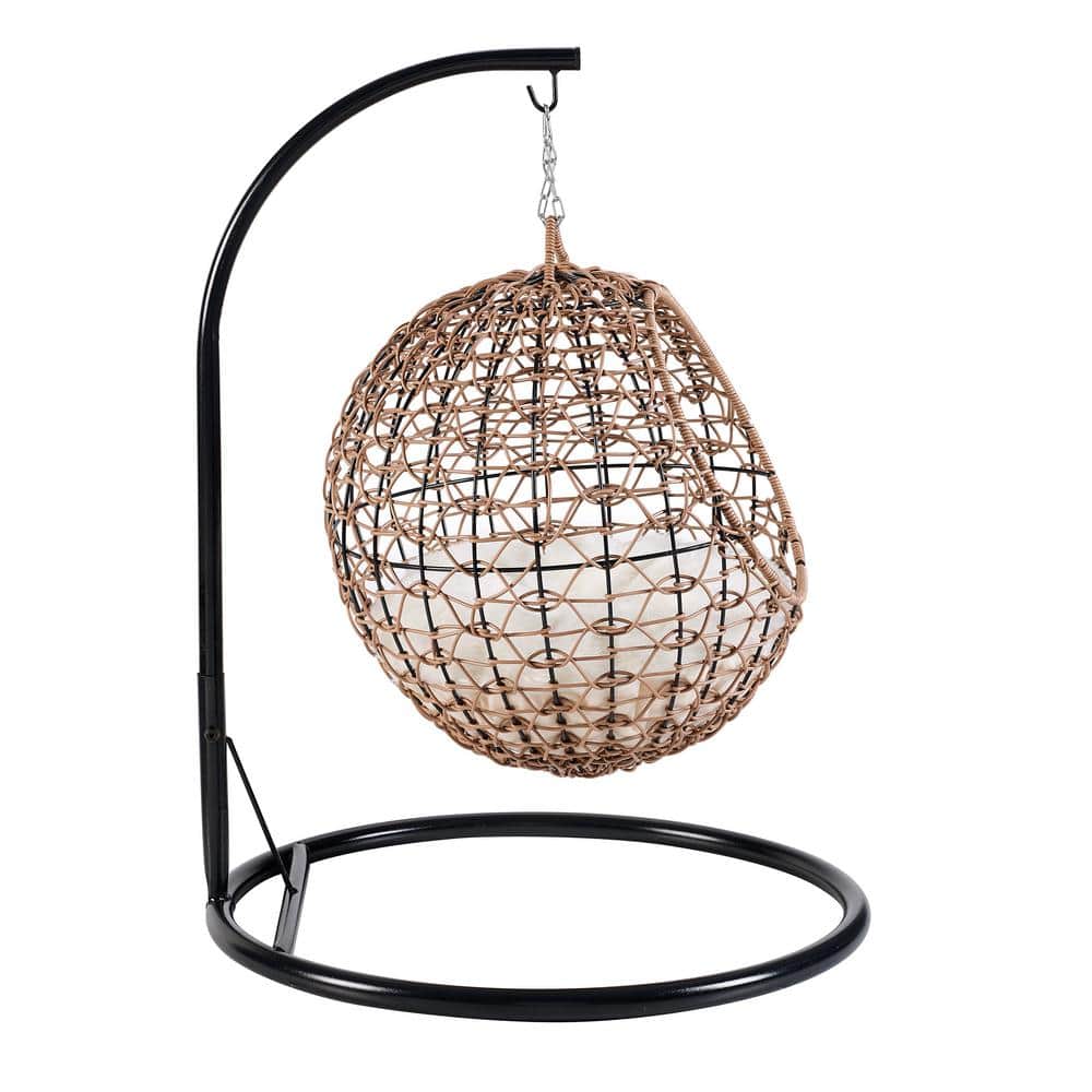 Medium Brown Rattan Hanging Egg Cat Condo with Cotton Cushion